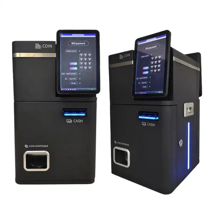 Restaurant supermarket ATM self-checkout machine self-service checkout change cash payment and silver coins for retail stores