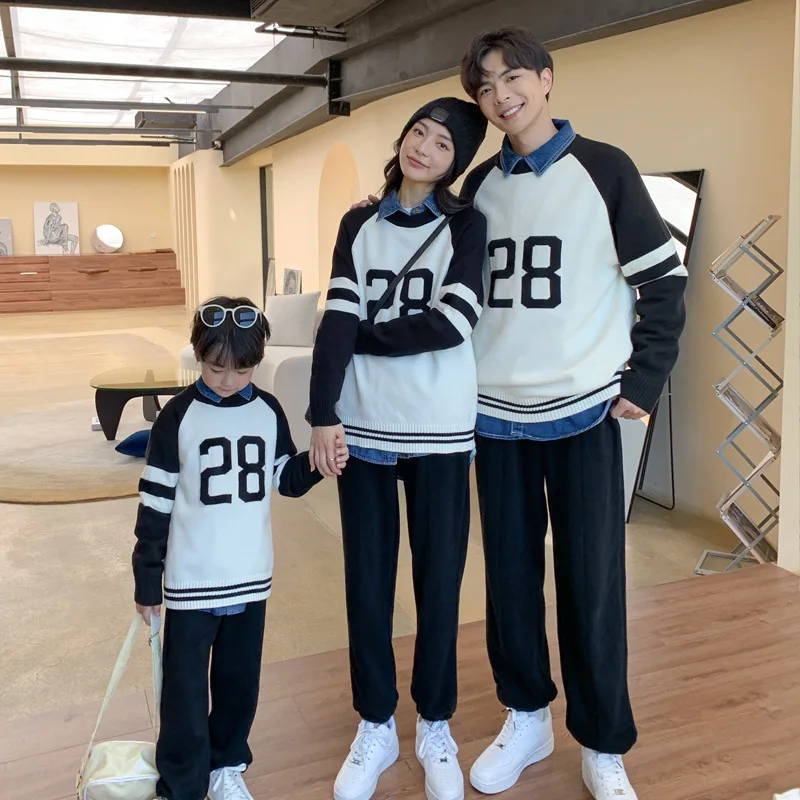 Parent Child Casual Sweater In Autumn and Winter Korean Color Block Digital Mother Daughter Mother Child Pullover Sweater