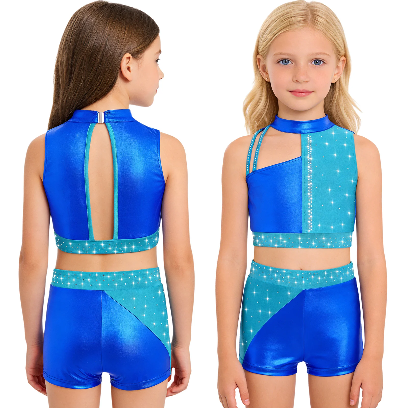 

Kids Girls Shiny Rhinestones Acrobatics Gymnastics Ballet Dance Costume Sleeveless Figure Skating Workout Crop Tops with Shorts