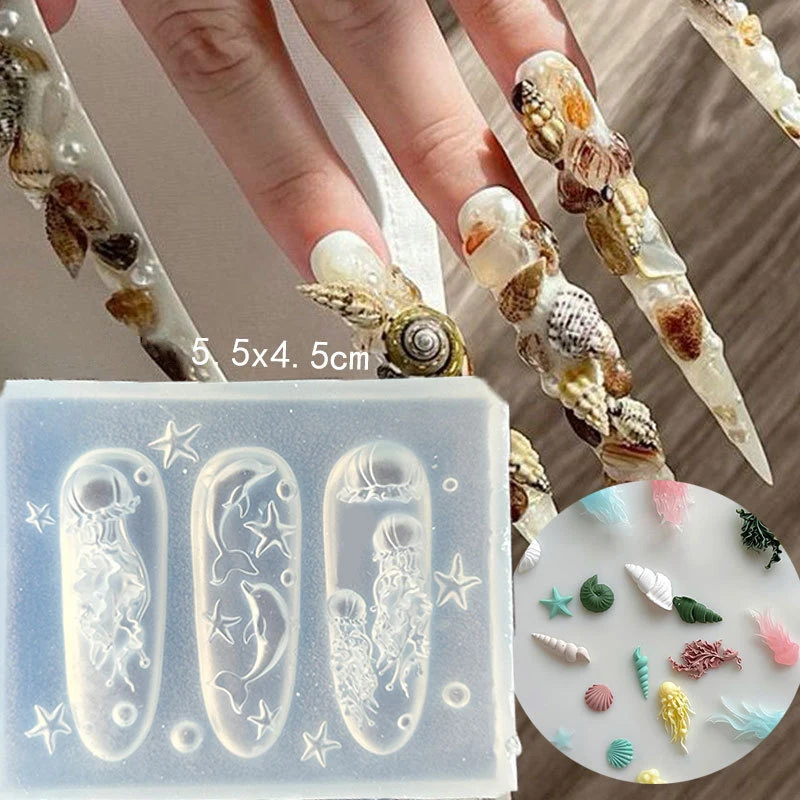 1/2/4PCS Ocean Series 3D Siliconen Nail Mold Sea Shell Conch Zeester Kwallen Zachte Charme manicure Stencil Stamper Tool