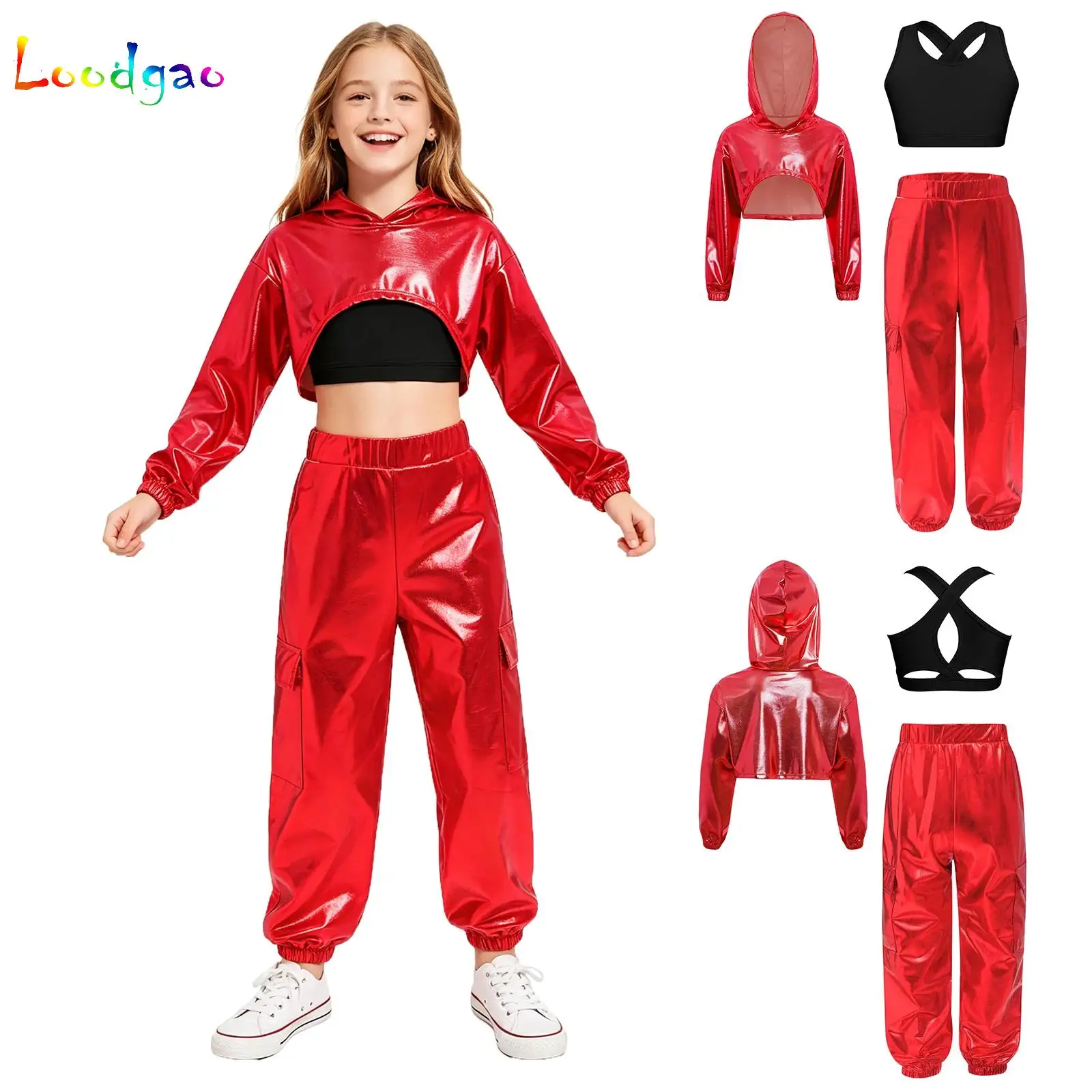 Kids Metallic Shiny Hip-Hop Jazz Dance Costume Girls Long Sleeve Cropped Hoodie with Vest Pants for Stage Performance Streetwear