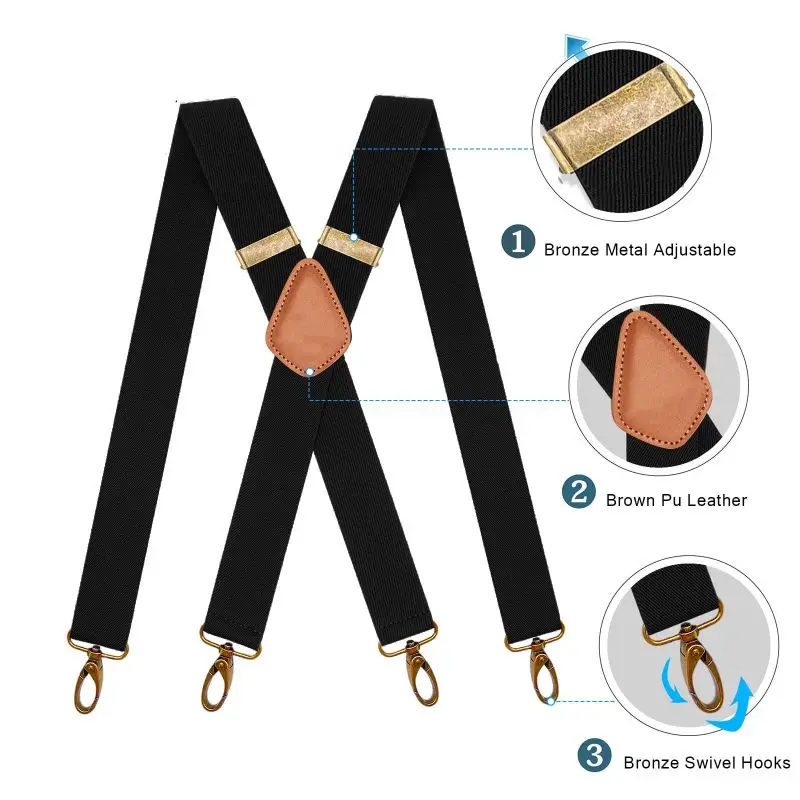 Suspensórios utilitários ajustáveis masculinos, suspensórios gerais elásticos, pesados, em forma de X largo, clipe forte, comprimento de 120cm, 3,5 cm