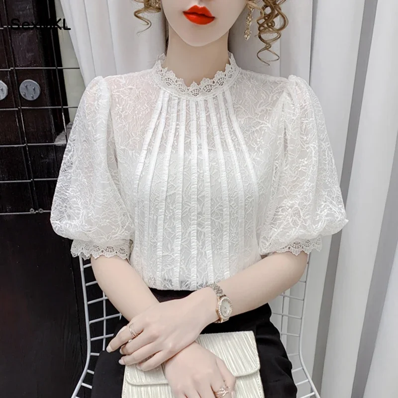 Women Summer Casual Blouses 2024 Elegant Korean Fashion Clothes Lace Shirts White Balck Ladies Vintage Puff Sleeve Tops Mujer