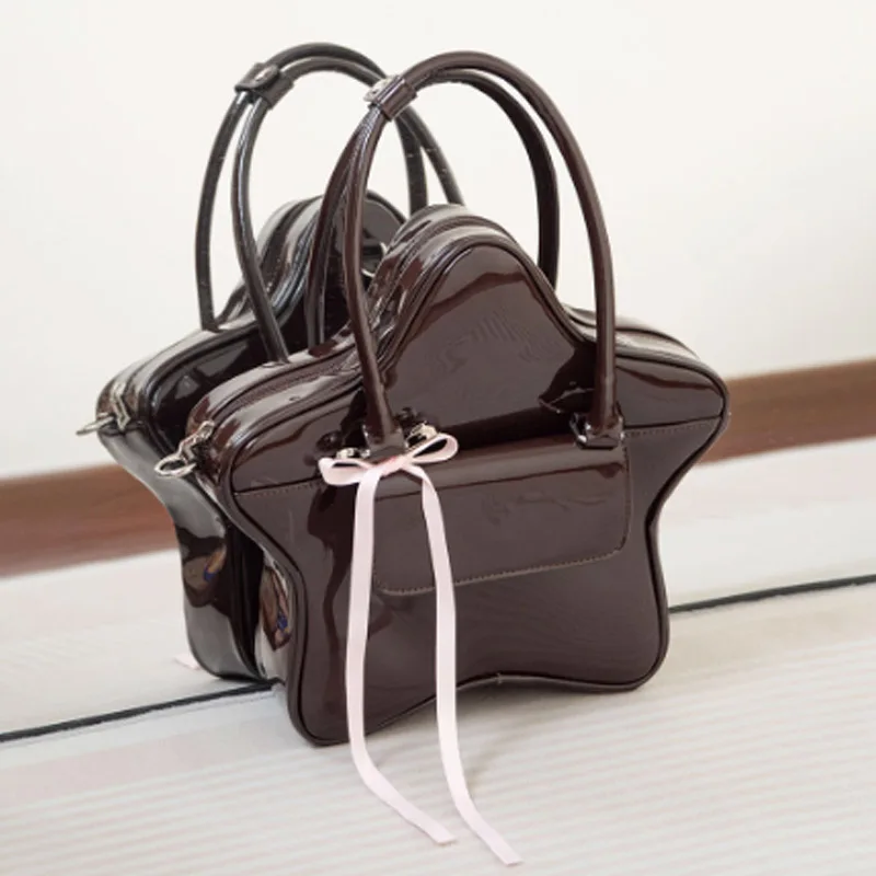 

Fashionable Patent Leather Chocolate Pentagram Backpack Crossbody Bag Cute Bow Lady Handbag