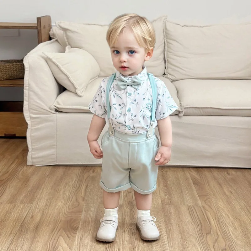 Toddler Boys Gentleman Summer Kids Outfit Floral Short Sleeve Shirt Suspender Shorts 2pcs Formal Costume Birthday Wedding Party