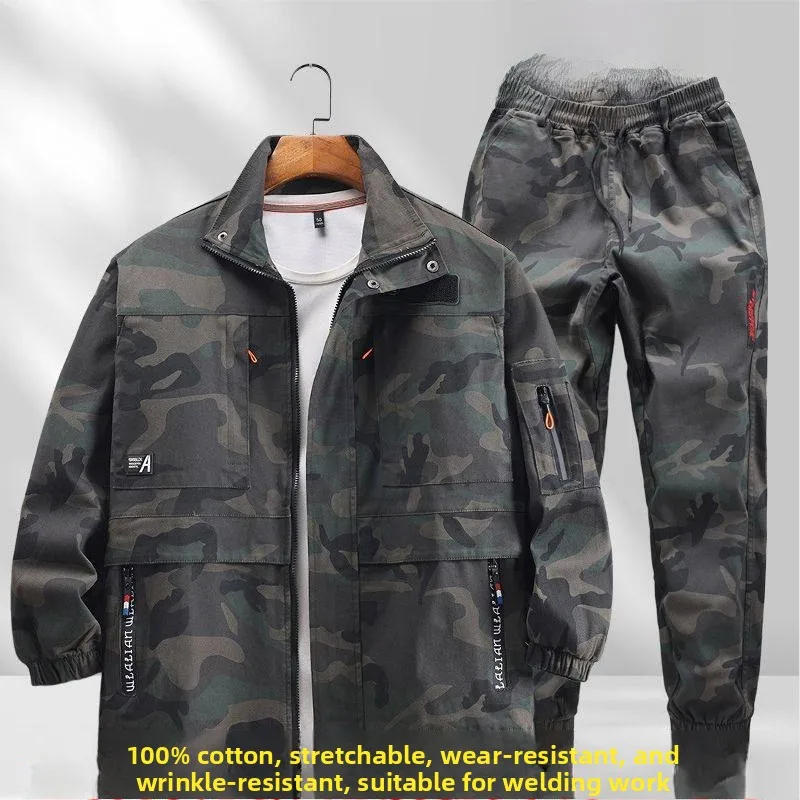 

Spring Autumn New Sle Men's Workwear Set Pure Cotton Long Sve Camouflage Elastic Welding Resistant Wearable Labor Protec...