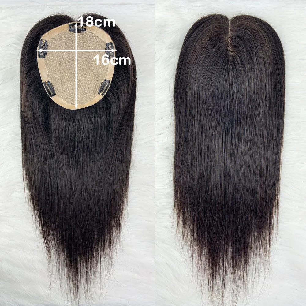 Human Hair Topper for Women Natural Scalp Silk Base Hand Tied Straight Virgin Hair Silk Top Breathable Hair Piece With Clips in