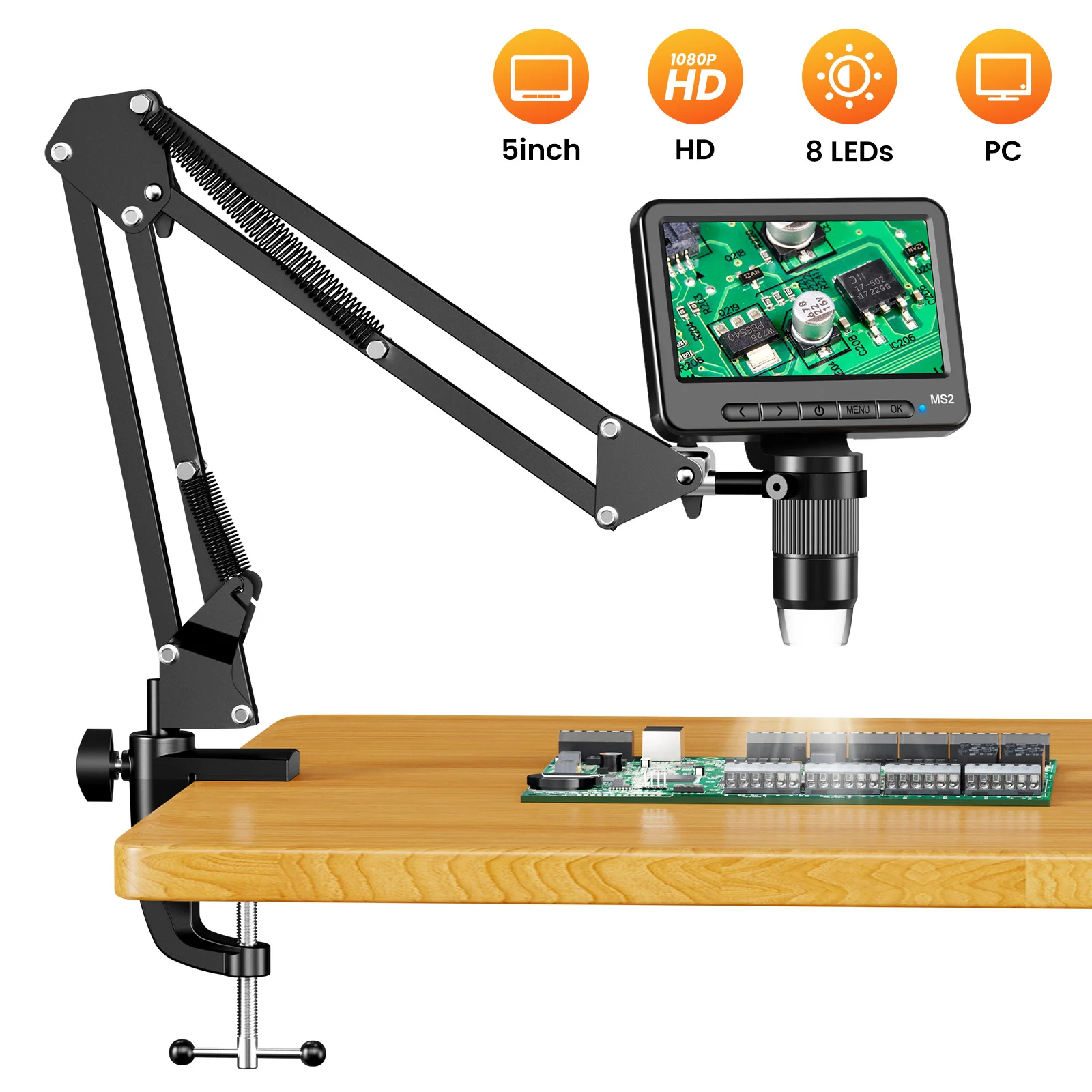 

5 Inch Flexible Stand Digital Microscope 8 LED Lights Photo Video Recording PC Connect 1000X Magnification for Coin Inspection S