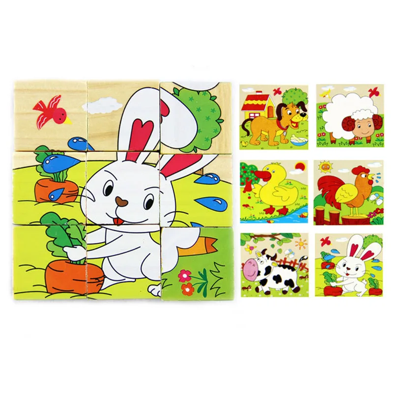 Jouet de puzzle en bois pour enfants, animal de dessin animé, six côtés, contaminants, puzzle 3D de genre, éducation précoce, jouets d'apprentissage pour enfants, jeu, 9 pièces