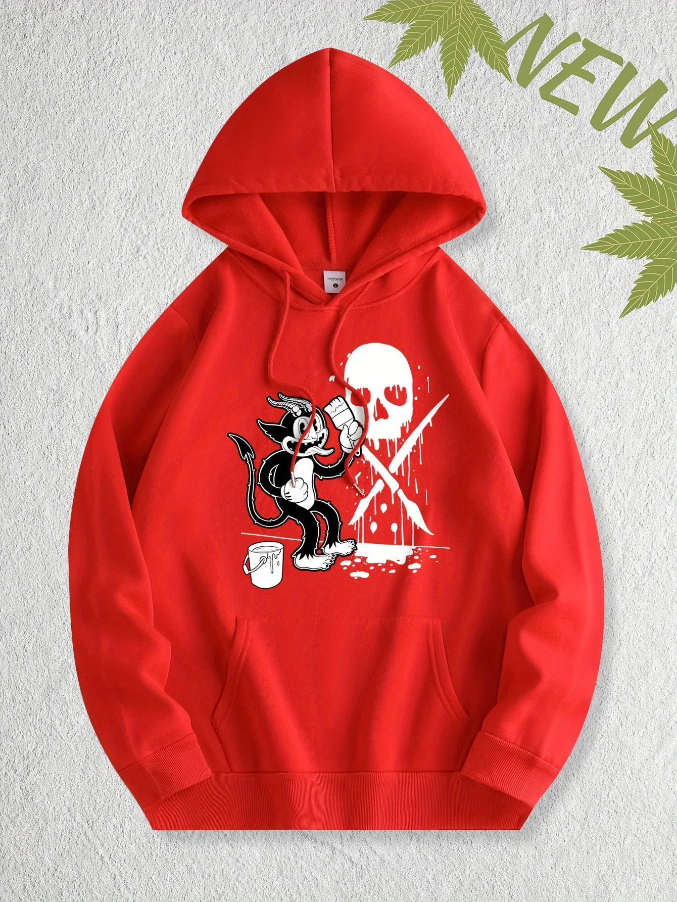 Men Women Street Hoodie Vintage Cartoon Little Devil Paint Skull Drip Art Front Print Loose Fleece Pullover Sweatshirt