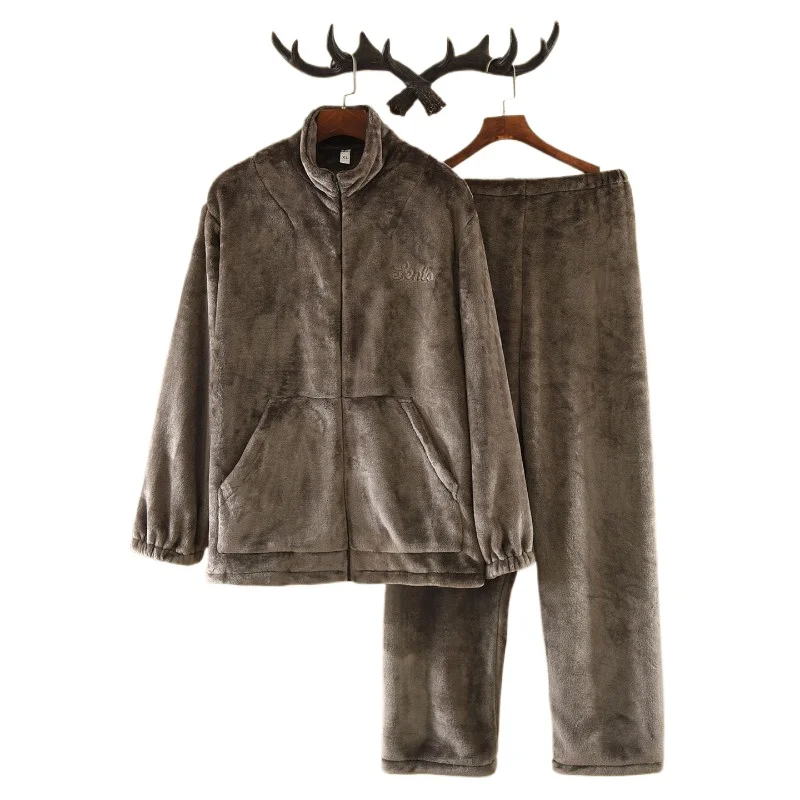 Zipper Short Fleece Coral Fleece Pajamas Men's Winter Flannel Thickened Plush Warm Can Be Worn Outside Loungewear New Underwear