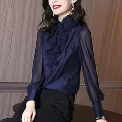 Spring and Autumn Women's Solid Button Ruffle Collar Bubble Sleeve Slim Fit Loose Chiffon Shirt Fashion Elegant Commuter Tops