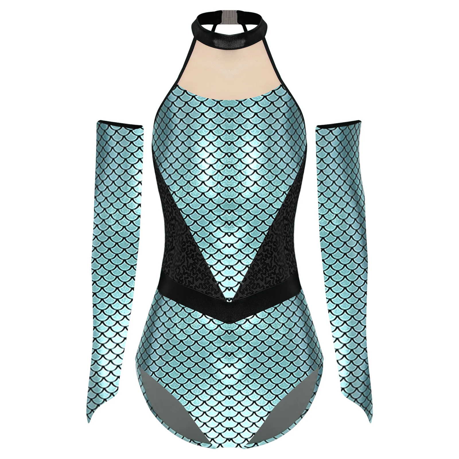 

Women Shiny Mermaid Fish Scale Print Bodysuits with Gloves Halter Sleeveless High-cut Leotard Jumpsuit Halloween Cosplay Costume