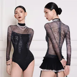 Ballet Leotard for Women High Collar Long Sleeve Swan Print Gymnastics Performance Adult Aerial Yoga Onewear