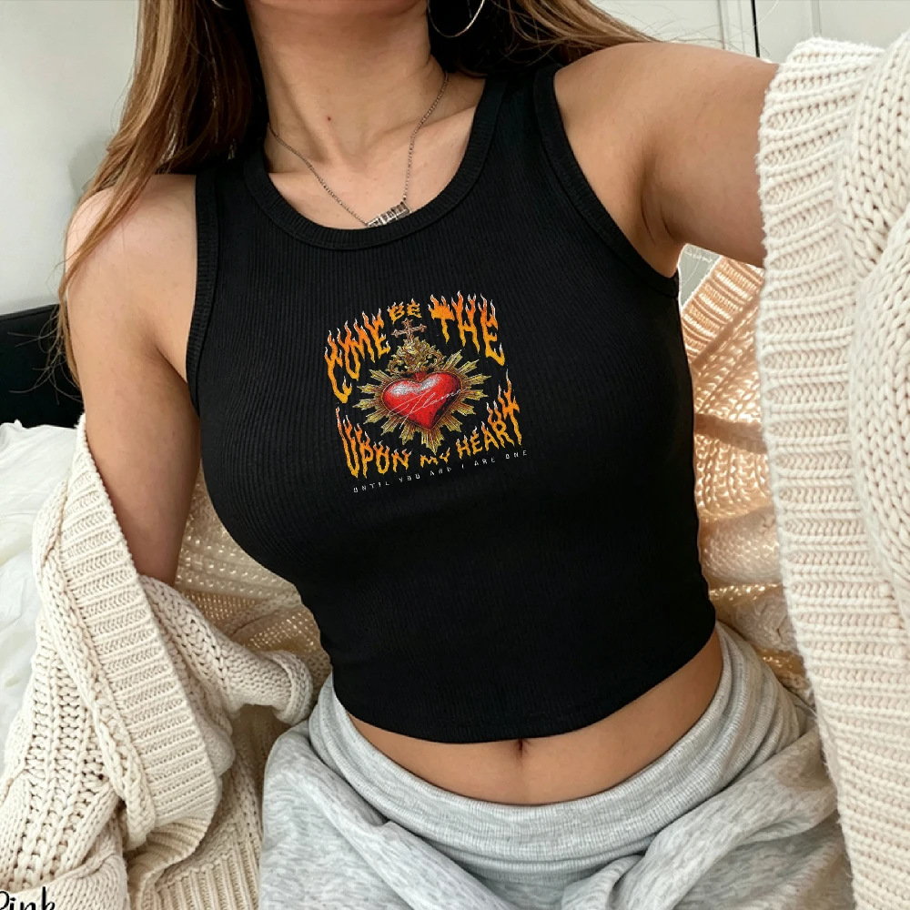 Gothic Flame Thorn Sacred Heart Letter Crop Camisole Dark Grunge Y2k Top Tight Ribbed Tank Top Ladies Sleeveless Cropped Vest