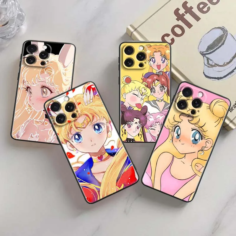 

Anime S-Sailors M-Moons Cute For Apple iPhone 16 16E 15 14 13 12 11 XS X Pro Max Plus Black Soft Silicone Cover Phone Case