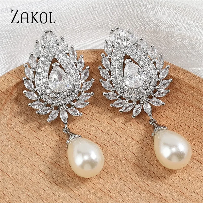 ZAKOL Vintage White Imitation Pearls Dangle Earrings for Women Luxury Zircon Leaf Bridal Earring Wedding Jewelry