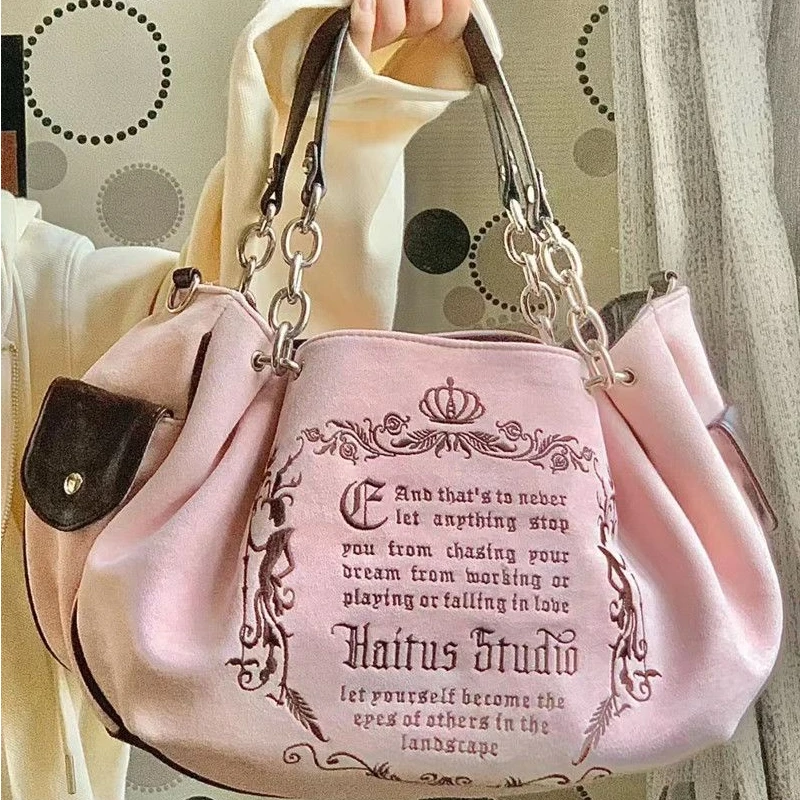 bags woman season 2024 spring summer Y2k Shoulder Bag embroidery  vintage handbags Large capacity letter bag pink bag