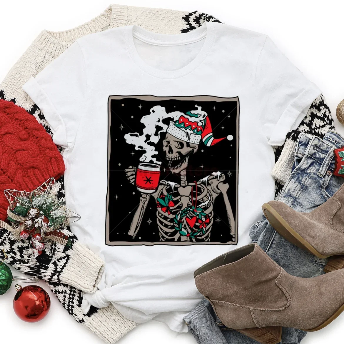 Trendy Retro Skeleton Coffee Printed T-Shirt Fun 90s Style Casual Women's Cartoon T-Shirt Pattern New Year Printed T-Shirt