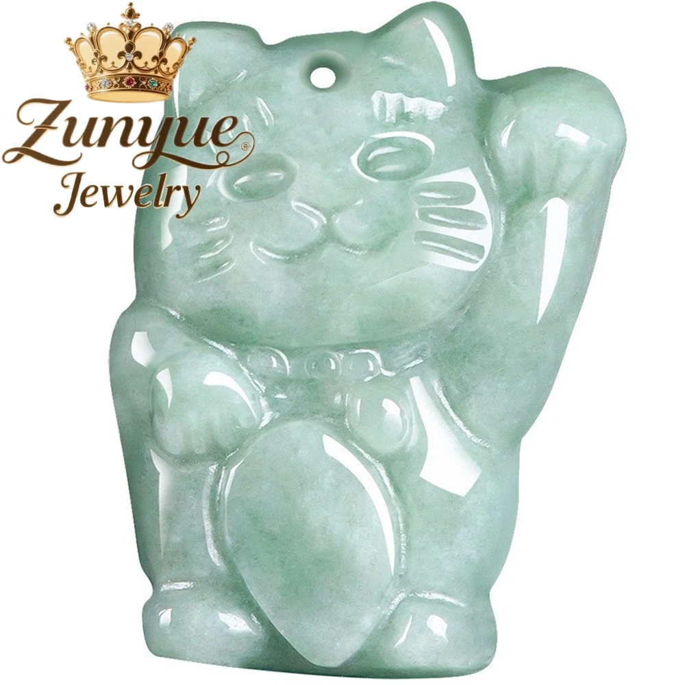 

Natural A-Grade Blue Water Bean Green Jadeite Fortune Cat Pendant Luxury Quality Fine Fashion Jewelry Exquisite Elegant Charms