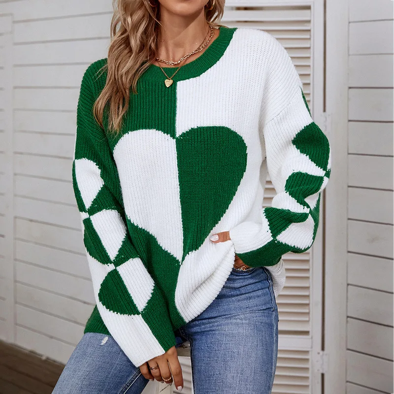 2022 New O Neck Heart Knitted Sweater Women Pullover Knitwear Korean Style Kawaii Jumper Winter Casual Sweaters Green Tops