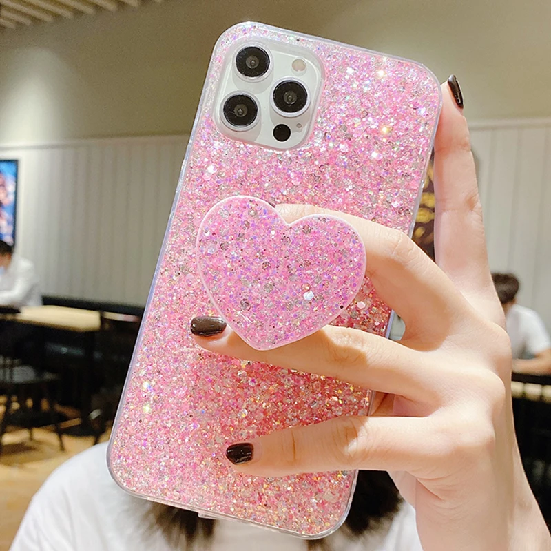 Luxury Glitter Quakeproof Love Support Cover Case For iPhone 16 ProMax 15 14 Plus 13 Pro 12 MINI 11 X XR XS Max 7 8