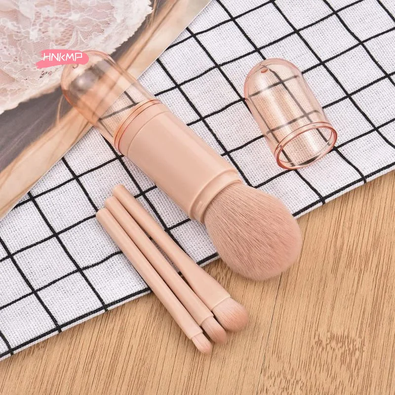 4 In 1 Travel Makeup Brushes Set Retractable Kabuki And 3 Small Eye Brushes Soft Bristles Portable Touchup Kit