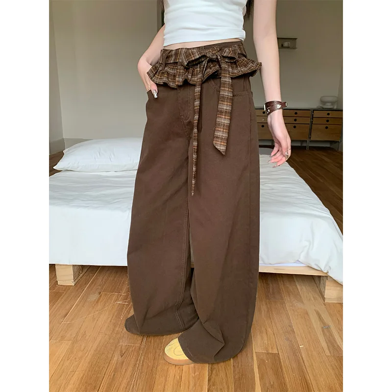 

Coffee Loose Wide Leg Straight Jeans For Women 2025 New High Waist Lace Up Denim Pants Casual All-matched Full Length Trousers