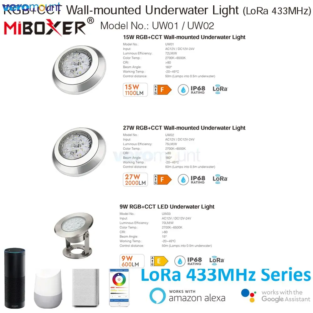 

MiBoxer UW01 UW02 UW03 9W 15W 27W RGB+CCT Wall-mounted Underwater Light (LoRa 433MHz) IP68 Waterproof Lamp Remote WiFi Control