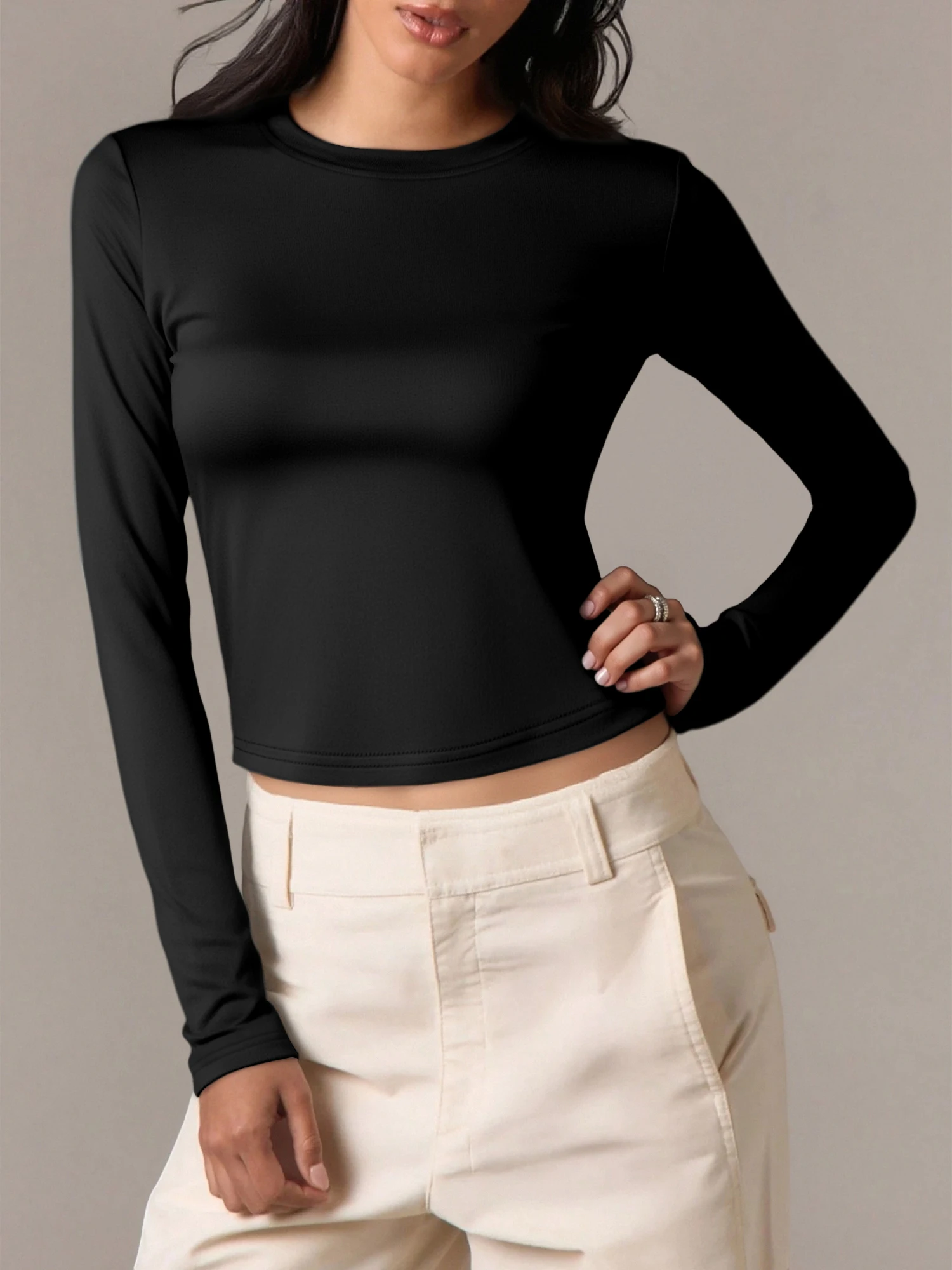 All-Match Slim Inner Wear Blouse, Short Long Sleeve Crew Neck Shirt for Cool Weather Outfits