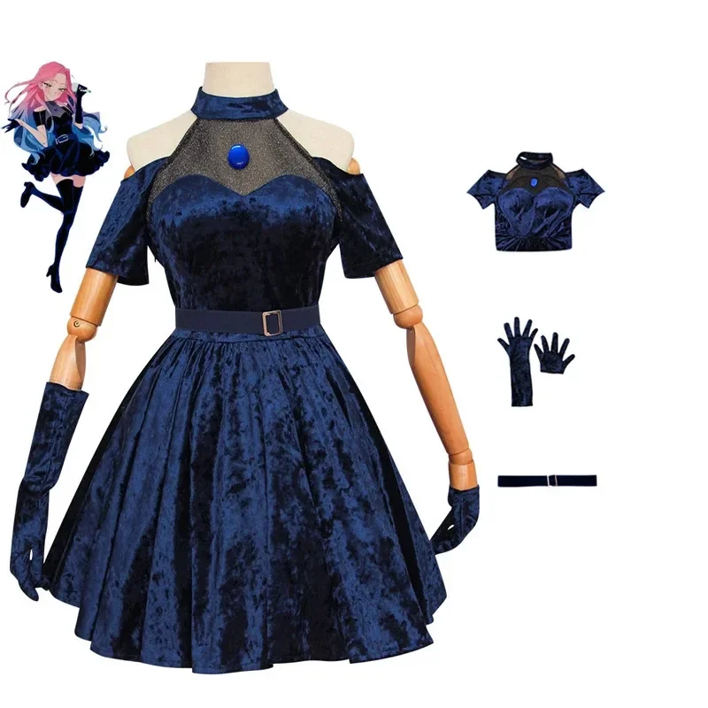 Disfraz de Cosplay de Anime Alien Stage Mizi 2026, Peluca Azul Oscuro, Vestido Rosa y Azul, Cabello Largo, Guantes, Medias, Cinturón, Conjunto de Uniforme para 7NG90O