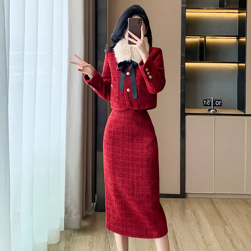 UNXX Real Shot Popular High-End Socialite Red Classic Style Fleece-Lined Jacket with Winter Skirt Two-Piece Set High Quality