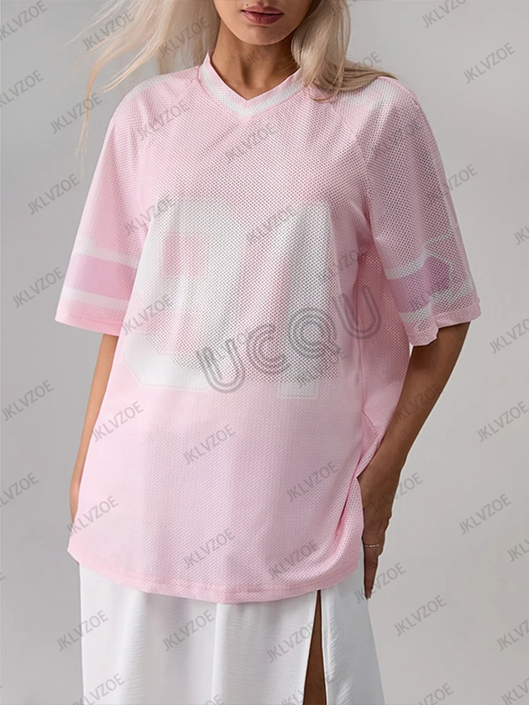 المتضخم تي شيرت للنساء الخامس الرقبة قصيرة الأكمام الصيف المرقعة الأزرق سرعة 91 طباعة عادية تيز كرة قدم رياضية جيرسي Y2k القمم #6