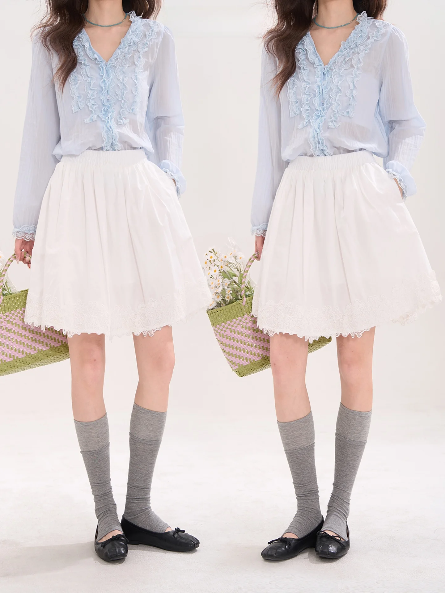 

Юбка А-силуэта с кружевной отделкой Heme, женская, милая, весенне-летняя, с высокой талией, из хлопковой марли, серия Morning Fog, для витрин