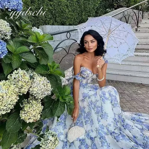 

Customized Blue Floral A-Line Prom Dress Summer Off the Shoulder Spaghetti Straps Princess Sexy Floor Length Dresses For Holiday