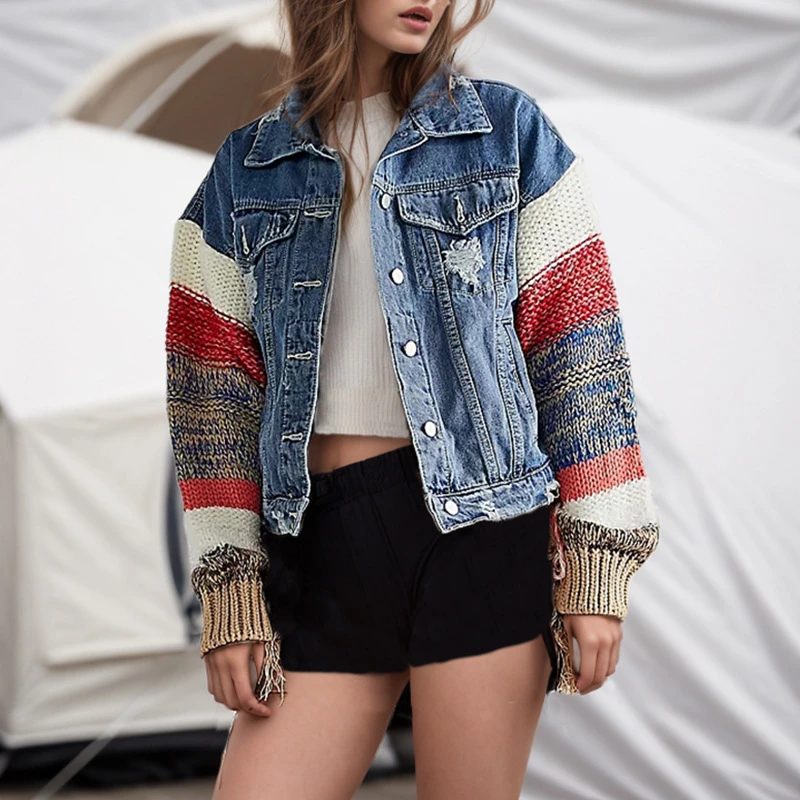 Spring New Coat Street Trendy Color Contrast Splicing Knitted Sleeve Design Feeling Denim Jacket Loose Jacket 2024 Women's Wear