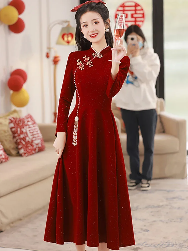 

Korean Vintage Elegant Wedding Dress Autumn Winter Fashion Party Dress 2025 Red Long Sleeve Chic Diamonds Luxury Vestidos Women