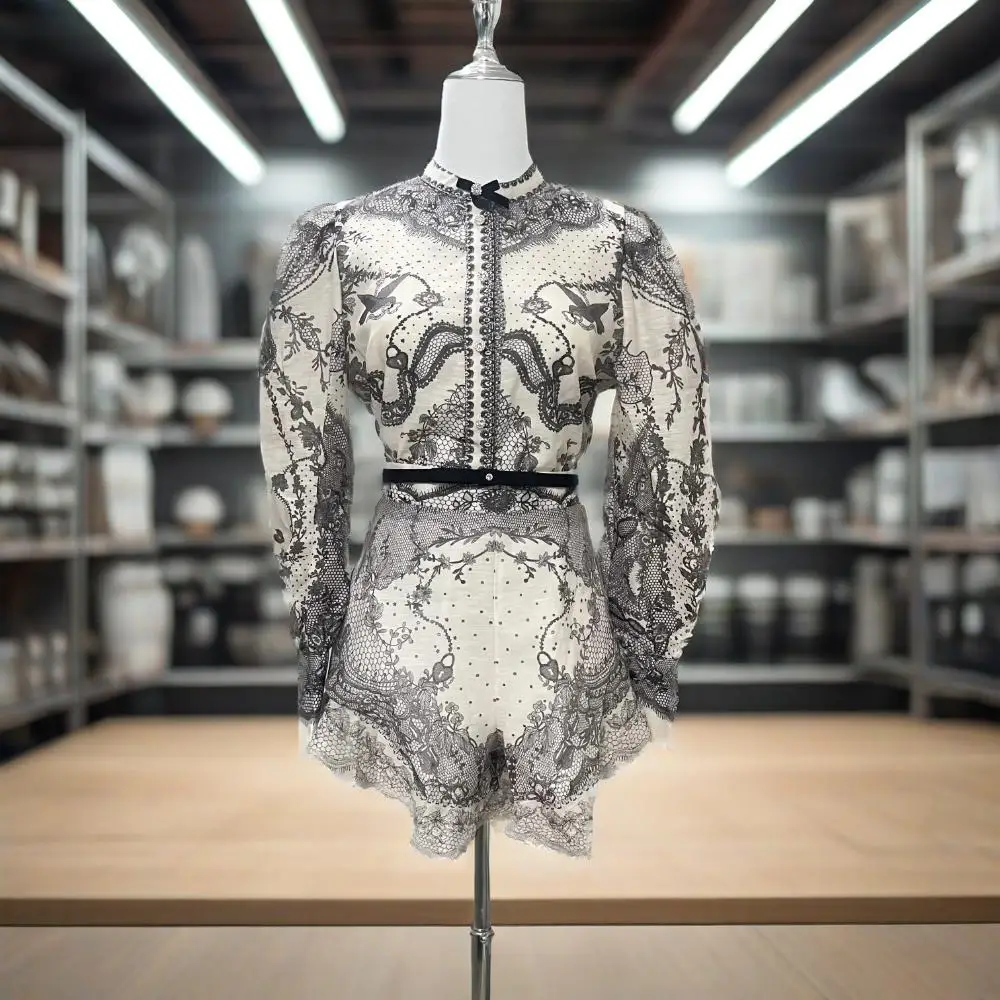

'''2025 Retro Printed Lantern Sleeve Lace Blouse With High Waist Ruffled Shorts Casual Set for Women