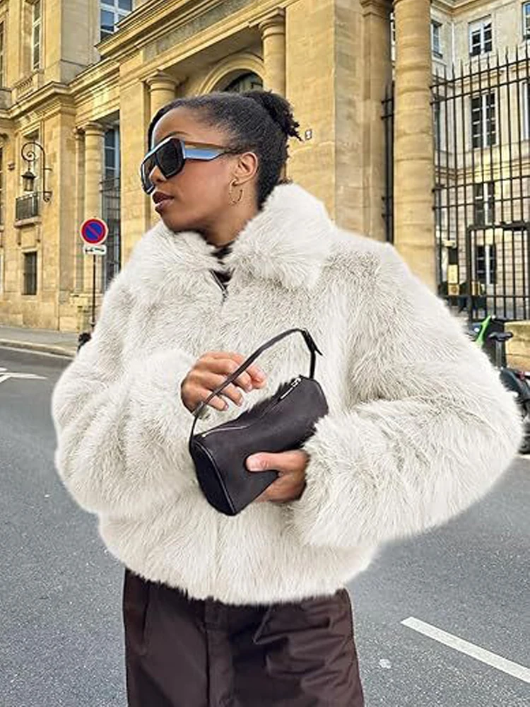 厚く暖かい折り返し襟フェイクファージャケット女性の無地長袖冬ショートコートファッションジッパーふわふわパーカー