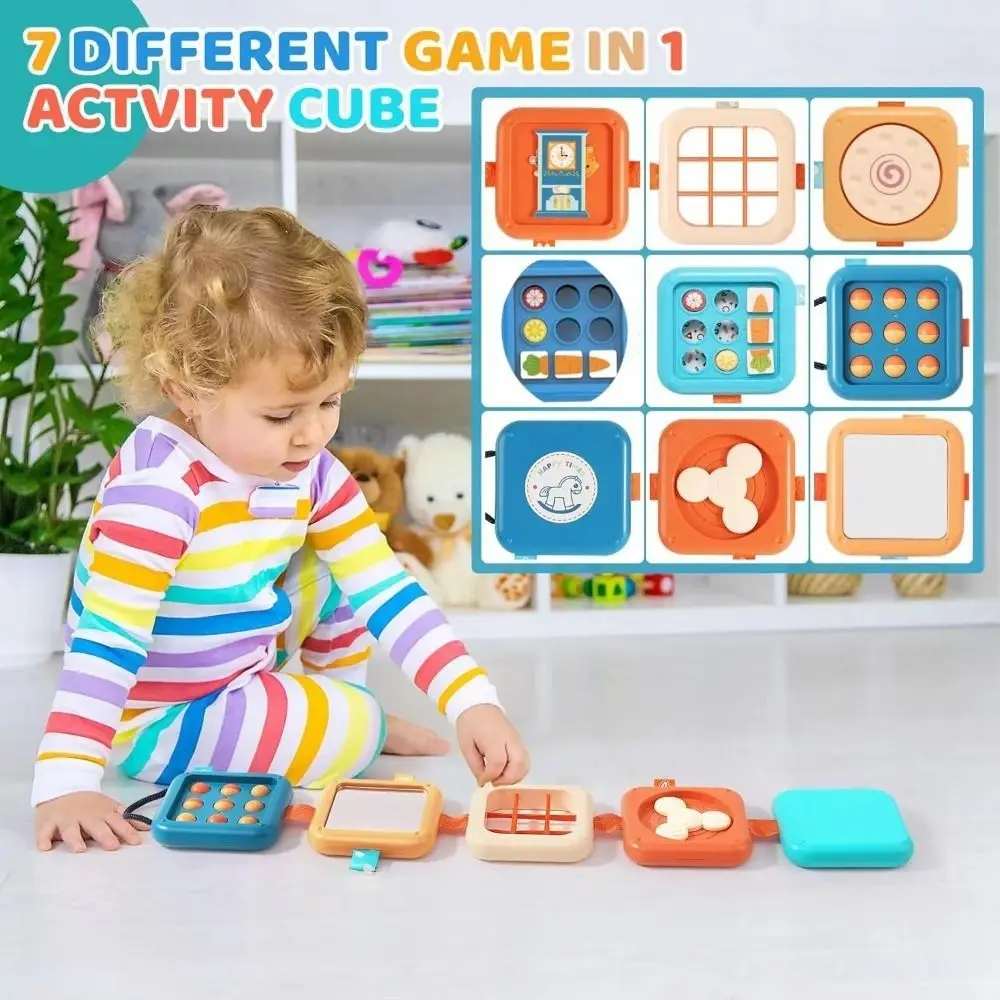 Zusammenklappbares, beschäftigtes Würfelspielzeug, Puzzle, polyedrisches, multifunktionales Stapelspielzeug zum Selbermachen mit Spiegel, sensorisches Brett, Aktivitätszentrum für Kinder