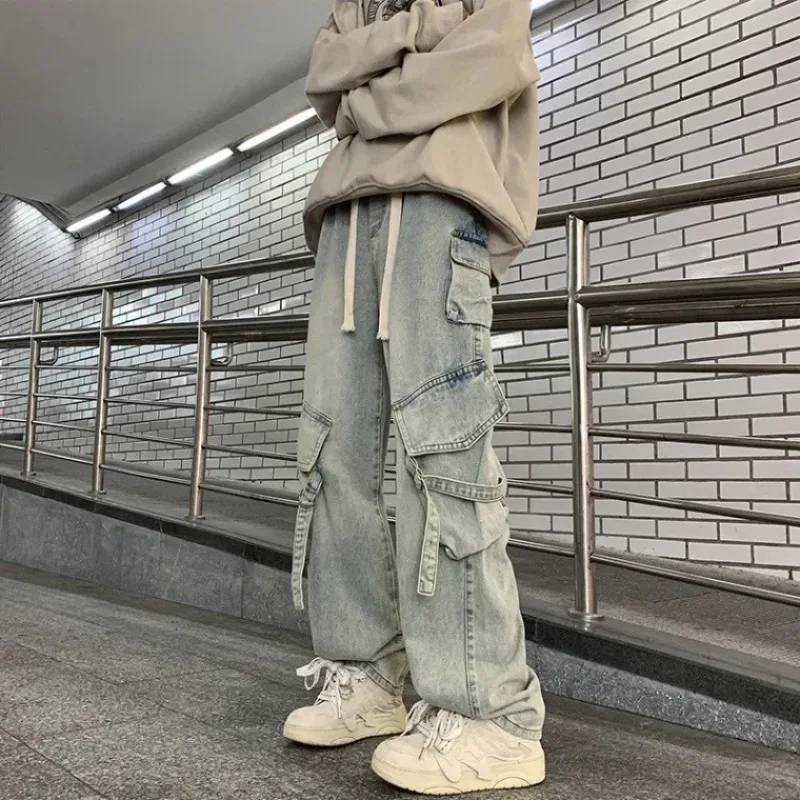 

Уличная одежда в американском стиле, мужские джинсы с несколькими карманами, свободные прямые широкие брюки, весна-осень, Новое поступление, длинные брюки