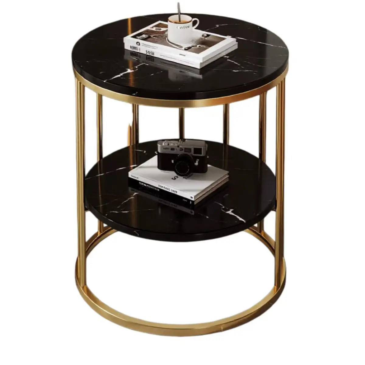 A light luxury modern square two-tier coffee table with a golden metal frame, easy to clean
