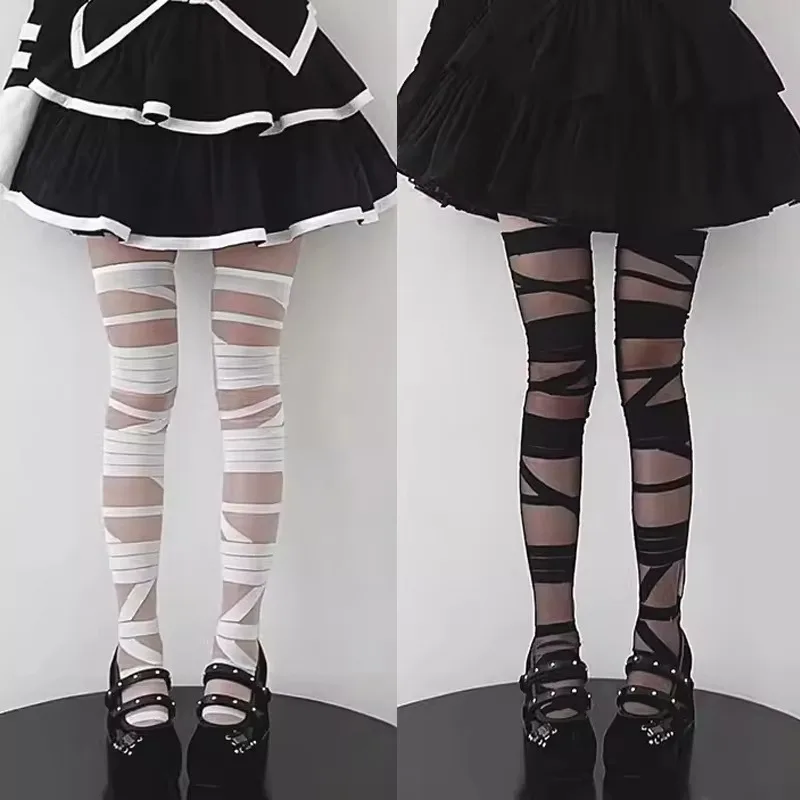 

Women Bandage Stripe Long Stockings for Female Japanese Lolita Jk Y2k Sexy Summer Cross Long Stockings Long Tube White Stockings