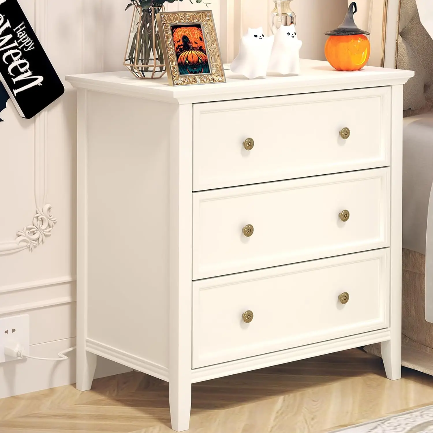 White Nightstand with 3 Drawers and Charging Station, Solid Wood Nightstand Organizer for Bedroom