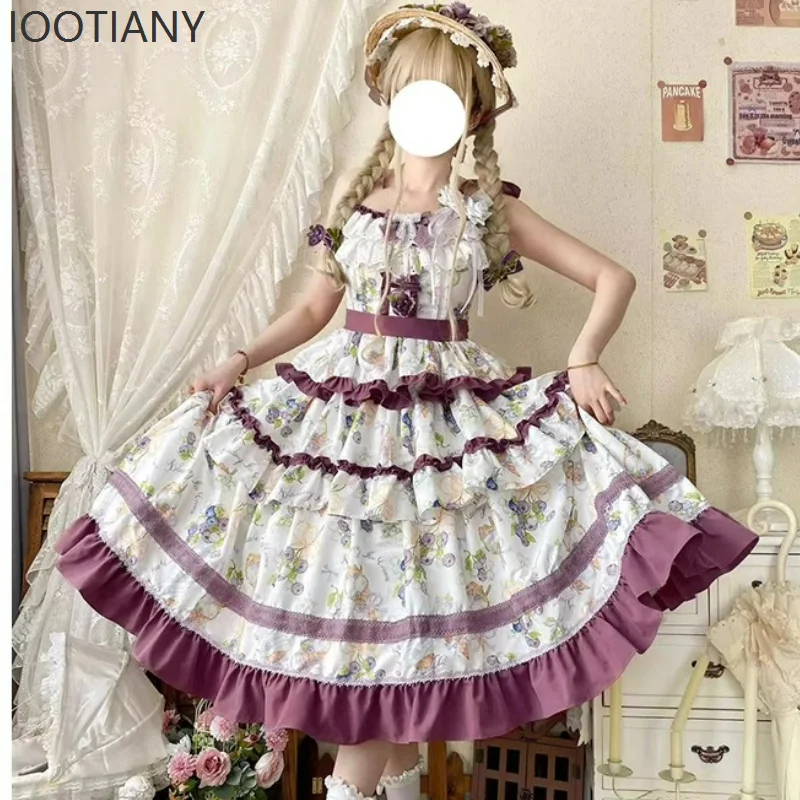 

IOOTIANY Victoria Sweet Elegant Lolita Jsk Dress Female Kawaii Grape Print Ruffle Bow Princess Dress Retro Evening Dress 2025