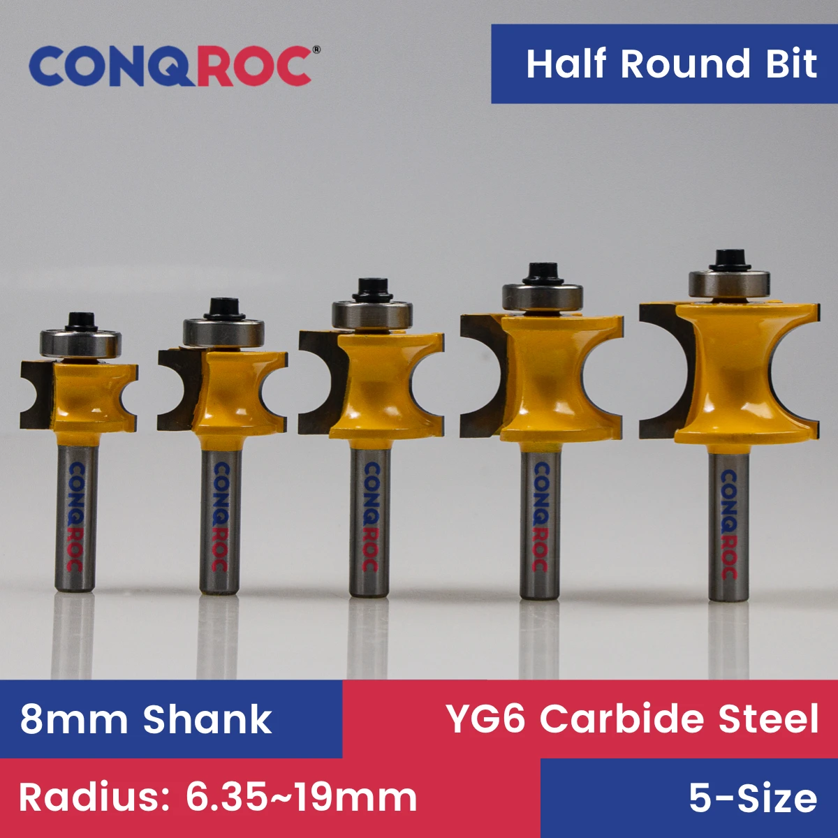 

8mm Shank Half Round Router Bits Set with Bearing Woodworking Bull Nose Profile Milling Cutters 5-Size Radius-6.35~19mm