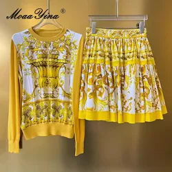 MoaaYina Summer Fashion Runway Women’s Long-Sleeved Wool Knitted Tops+Casual Mini Skir Baroque Print Two Pieces Set