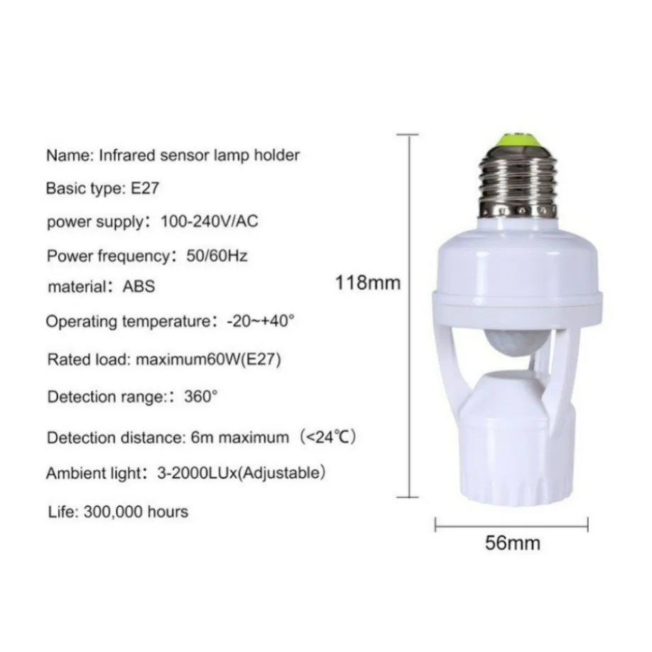 Ac 110V/220V 360 Graden Pir Inductie Bewegingssensor Ir Infrarood Human E27 Stekker Contactdoos Schakelaar Basis Led Lamp Lamphouder