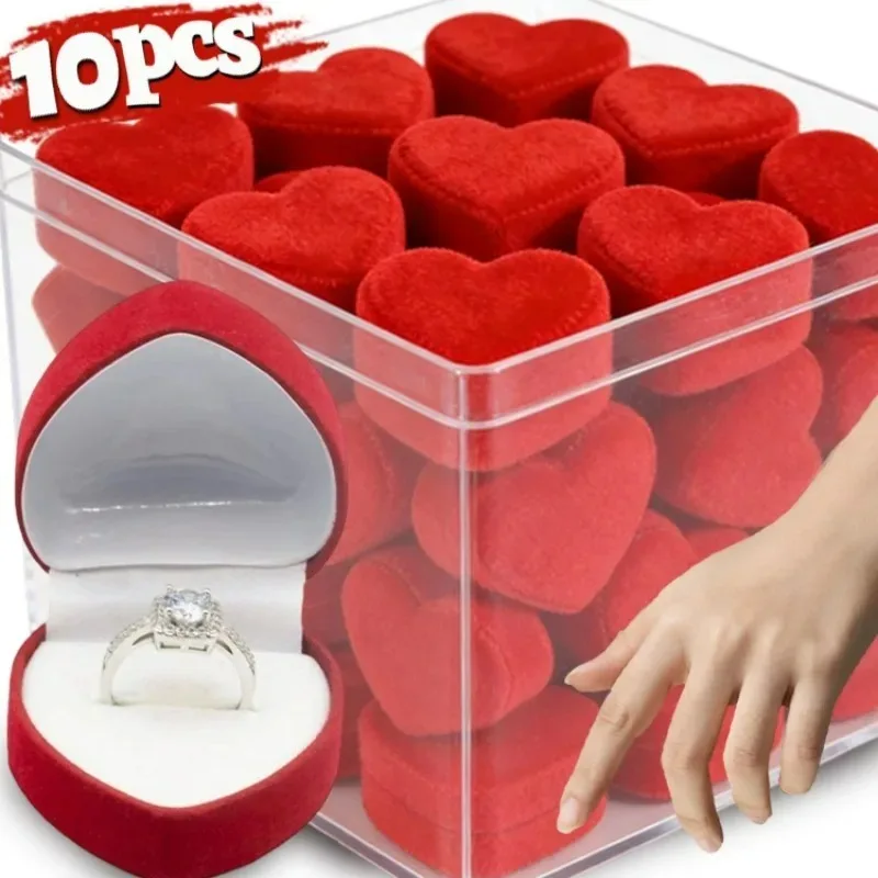 1/10Pcs Red Velvet Rings Boxes Necklace Earrings Storage Boxes Packaging Case for Women Men Valentine's Day Romantic Heart Case