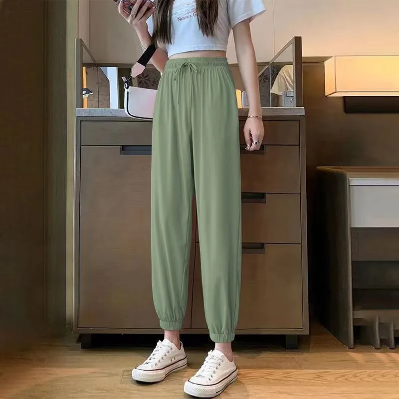 2024 Summer New Korean Loose Casual Ankle-Length Pants Women\'s Solid Color Minimalist High Waist Drawstring Straight Harun Pants